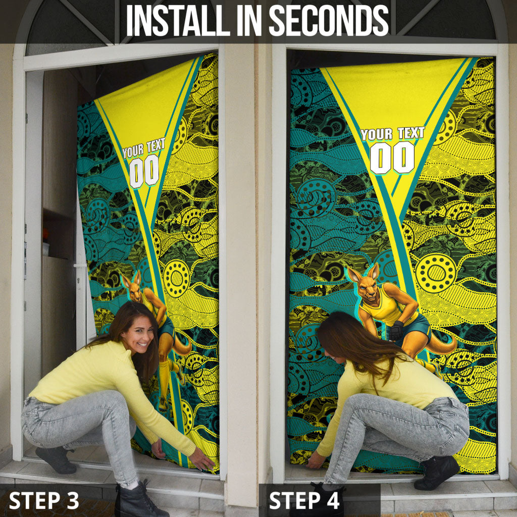Custom Hockeyroos Kangaroo Field Hockey Door Cover Aboriginal Pattern Green Gold Dynamic Athlete Design