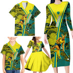 Custom Hockeyroos Kangaroo Field Hockey Family Matching Long Sleeve Bodycon Dress and Hawaiian Shirt Aboriginal Pattern Green Gold Dynamic Athlete Design