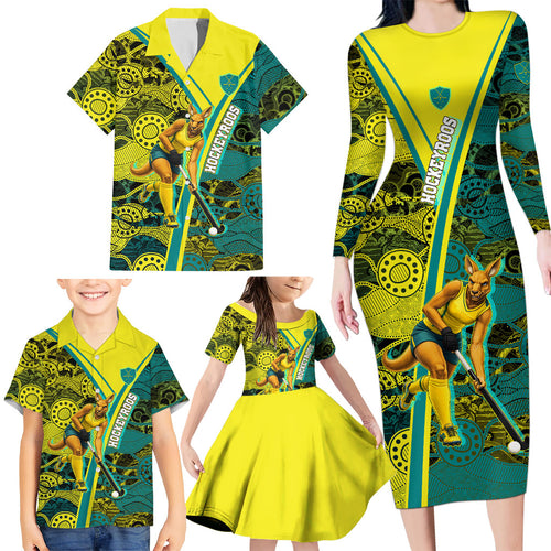 Custom Hockeyroos Kangaroo Field Hockey Family Matching Long Sleeve Bodycon Dress and Hawaiian Shirt Aboriginal Pattern Green Gold Dynamic Athlete Design