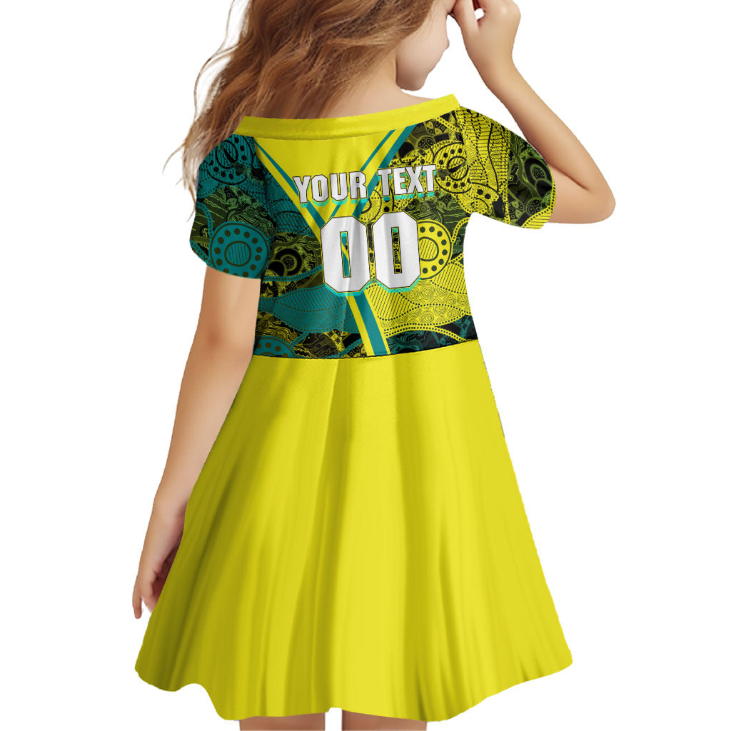 Custom Hockeyroos Kangaroo Field Hockey Family Matching Long Sleeve Bodycon Dress and Hawaiian Shirt Aboriginal Pattern Green Gold Dynamic Athlete Design