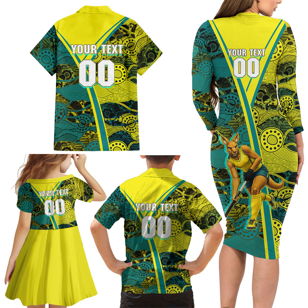 Custom Hockeyroos Kangaroo Field Hockey Family Matching Long Sleeve Bodycon Dress and Hawaiian Shirt Aboriginal Pattern Green Gold Dynamic Athlete Design