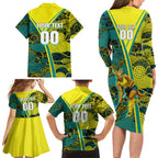 Custom Hockeyroos Kangaroo Field Hockey Family Matching Long Sleeve Bodycon Dress and Hawaiian Shirt Aboriginal Pattern Green Gold Dynamic Athlete Design