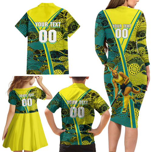 Custom Hockeyroos Kangaroo Field Hockey Family Matching Long Sleeve Bodycon Dress and Hawaiian Shirt Aboriginal Pattern Green Gold Dynamic Athlete Design