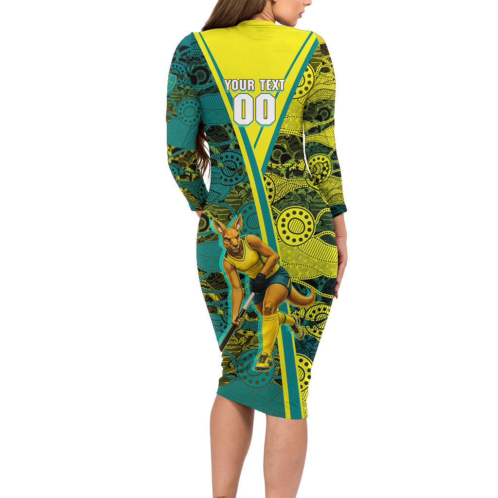 Custom Hockeyroos Kangaroo Field Hockey Family Matching Long Sleeve Bodycon Dress and Hawaiian Shirt Aboriginal Pattern Green Gold Dynamic Athlete Design