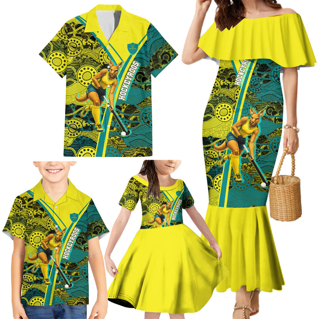 Custom Hockeyroos Kangaroo Field Hockey Family Matching Mermaid Dress and Hawaiian Shirt Aboriginal Pattern Green Gold Dynamic Athlete Design