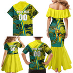 Custom Hockeyroos Kangaroo Field Hockey Family Matching Mermaid Dress and Hawaiian Shirt Aboriginal Pattern Green Gold Dynamic Athlete Design