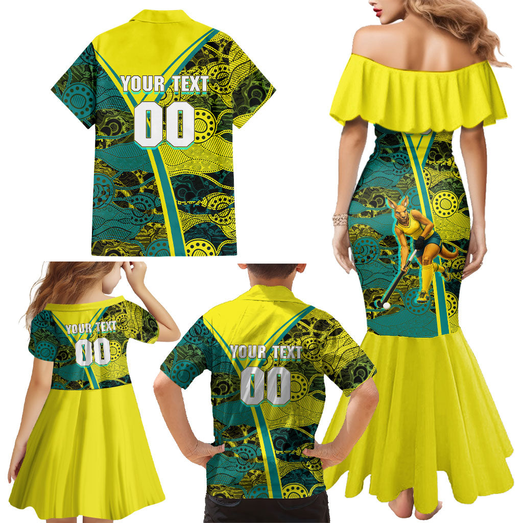 Custom Hockeyroos Kangaroo Field Hockey Family Matching Mermaid Dress and Hawaiian Shirt Aboriginal Pattern Green Gold Dynamic Athlete Design