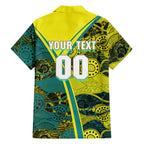 Custom Hockeyroos Kangaroo Field Hockey Family Matching Mermaid Dress and Hawaiian Shirt Aboriginal Pattern Green Gold Dynamic Athlete Design