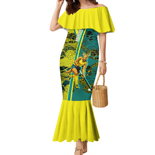 Custom Hockeyroos Kangaroo Field Hockey Family Matching Mermaid Dress and Hawaiian Shirt Aboriginal Pattern Green Gold Dynamic Athlete Design
