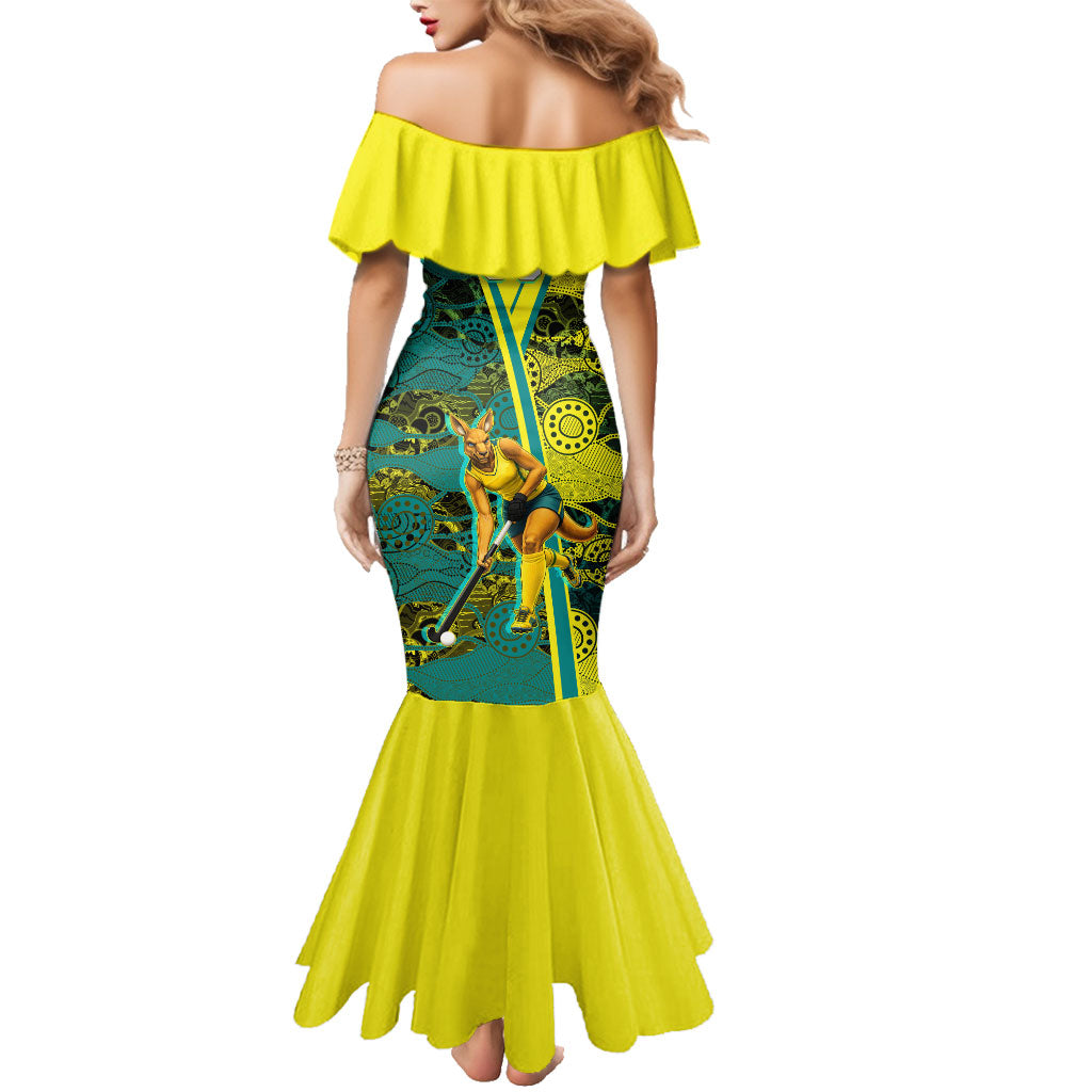 Custom Hockeyroos Kangaroo Field Hockey Family Matching Mermaid Dress and Hawaiian Shirt Aboriginal Pattern Green Gold Dynamic Athlete Design