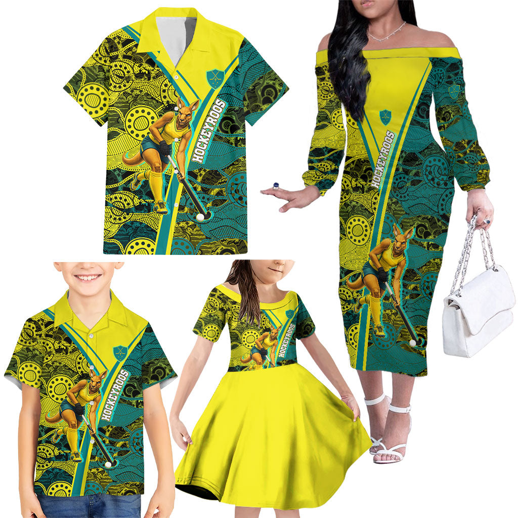 Custom Hockeyroos Kangaroo Field Hockey Family Matching Off The Shoulder Long Sleeve Dress and Hawaiian Shirt Aboriginal Pattern Green Gold Dynamic Athlete Design