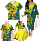 Custom Hockeyroos Kangaroo Field Hockey Family Matching Off The Shoulder Long Sleeve Dress and Hawaiian Shirt Aboriginal Pattern Green Gold Dynamic Athlete Design