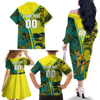 Custom Hockeyroos Kangaroo Field Hockey Family Matching Off The Shoulder Long Sleeve Dress and Hawaiian Shirt Aboriginal Pattern Green Gold Dynamic Athlete Design