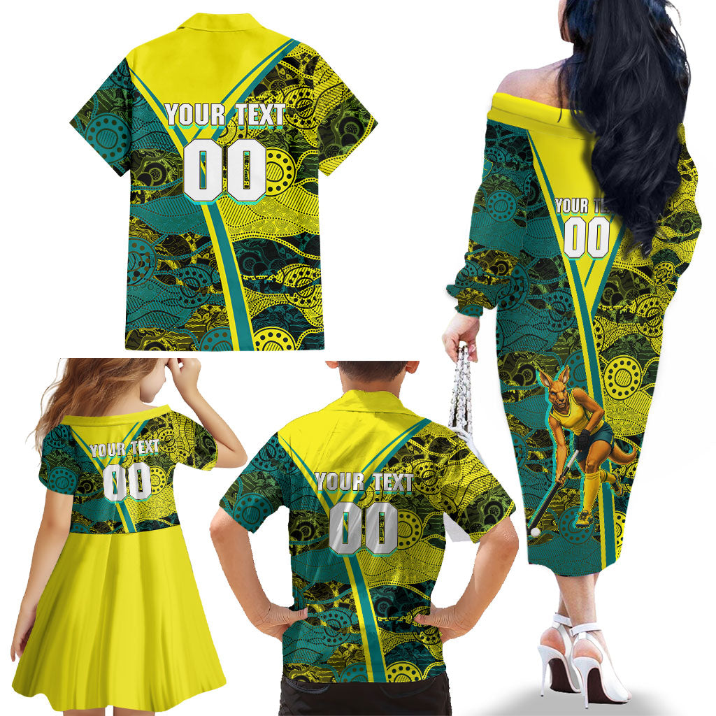 Custom Hockeyroos Kangaroo Field Hockey Family Matching Off The Shoulder Long Sleeve Dress and Hawaiian Shirt Aboriginal Pattern Green Gold Dynamic Athlete Design