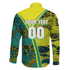 Custom Hockeyroos Kangaroo Field Hockey Family Matching Off The Shoulder Long Sleeve Dress and Hawaiian Shirt Aboriginal Pattern Green Gold Dynamic Athlete Design