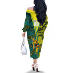 Custom Hockeyroos Kangaroo Field Hockey Family Matching Off The Shoulder Long Sleeve Dress and Hawaiian Shirt Aboriginal Pattern Green Gold Dynamic Athlete Design