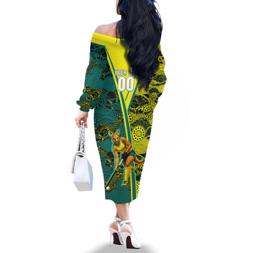 Custom Hockeyroos Kangaroo Field Hockey Family Matching Off The Shoulder Long Sleeve Dress and Hawaiian Shirt Aboriginal Pattern Green Gold Dynamic Athlete Design