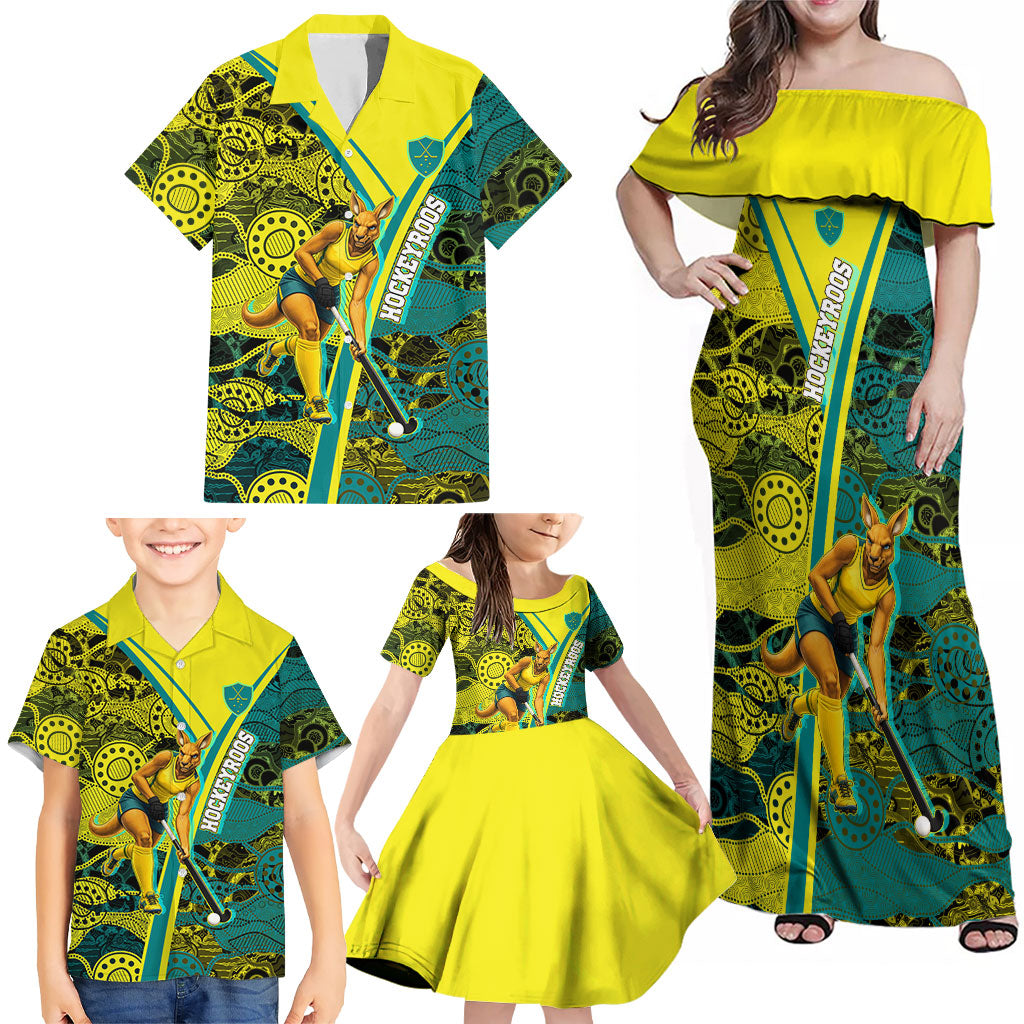 Custom Hockeyroos Kangaroo Field Hockey Family Matching Off Shoulder Maxi Dress and Hawaiian Shirt Aboriginal Pattern Green Gold Dynamic Athlete Design