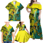 Custom Hockeyroos Kangaroo Field Hockey Family Matching Off Shoulder Maxi Dress and Hawaiian Shirt Aboriginal Pattern Green Gold Dynamic Athlete Design