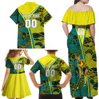 Custom Hockeyroos Kangaroo Field Hockey Family Matching Off Shoulder Maxi Dress and Hawaiian Shirt Aboriginal Pattern Green Gold Dynamic Athlete Design