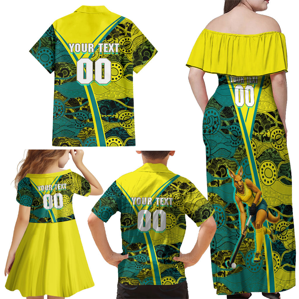 Custom Hockeyroos Kangaroo Field Hockey Family Matching Off Shoulder Maxi Dress and Hawaiian Shirt Aboriginal Pattern Green Gold Dynamic Athlete Design