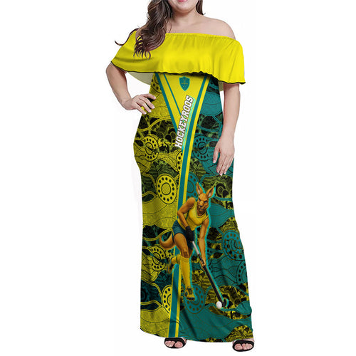 Custom Hockeyroos Kangaroo Field Hockey Family Matching Off Shoulder Maxi Dress and Hawaiian Shirt Aboriginal Pattern Green Gold Dynamic Athlete Design