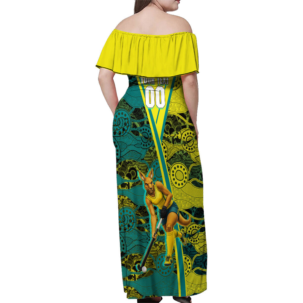 Custom Hockeyroos Kangaroo Field Hockey Family Matching Off Shoulder Maxi Dress and Hawaiian Shirt Aboriginal Pattern Green Gold Dynamic Athlete Design
