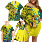 Custom Hockeyroos Kangaroo Field Hockey Family Matching Off Shoulder Short Dress and Hawaiian Shirt Aboriginal Pattern Green Gold Dynamic Athlete Design