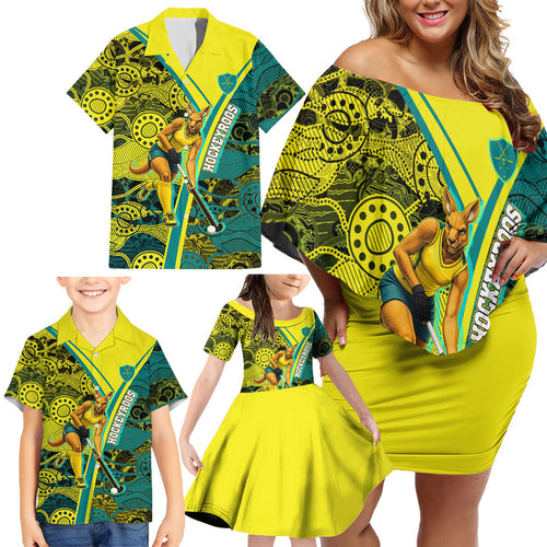 Custom Hockeyroos Kangaroo Field Hockey Family Matching Off Shoulder Short Dress and Hawaiian Shirt Aboriginal Pattern Green Gold Dynamic Athlete Design