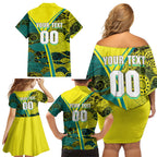 Custom Hockeyroos Kangaroo Field Hockey Family Matching Off Shoulder Short Dress and Hawaiian Shirt Aboriginal Pattern Green Gold Dynamic Athlete Design