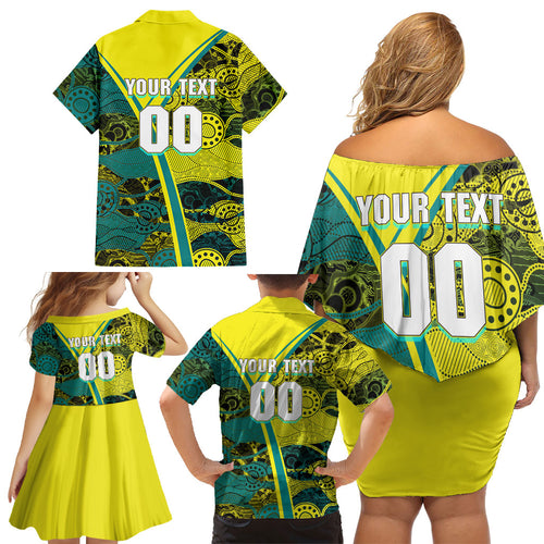 Custom Hockeyroos Kangaroo Field Hockey Family Matching Off Shoulder Short Dress and Hawaiian Shirt Aboriginal Pattern Green Gold Dynamic Athlete Design