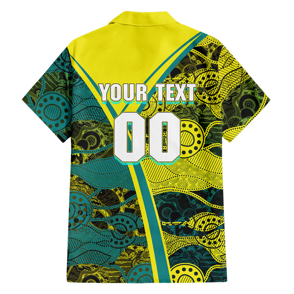 Custom Hockeyroos Kangaroo Field Hockey Family Matching Off Shoulder Short Dress and Hawaiian Shirt Aboriginal Pattern Green Gold Dynamic Athlete Design