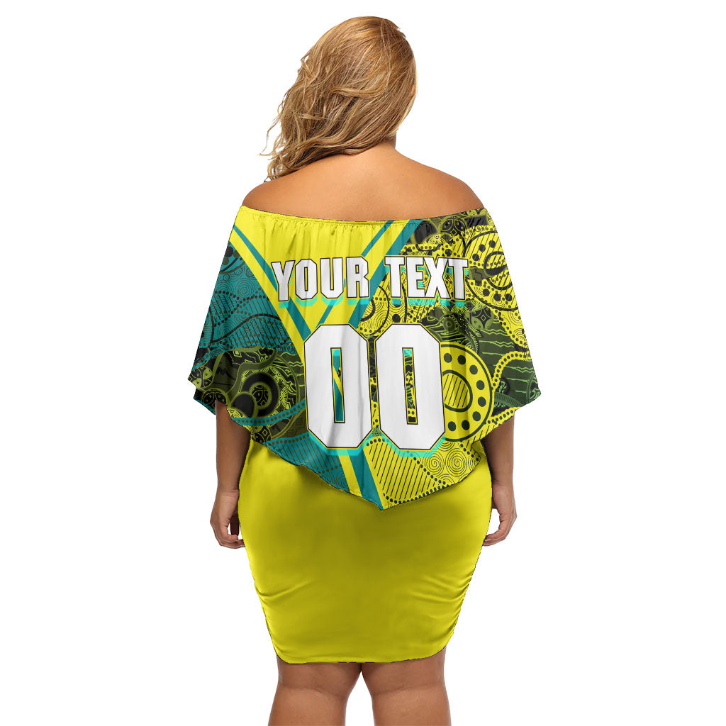 Custom Hockeyroos Kangaroo Field Hockey Family Matching Off Shoulder Short Dress and Hawaiian Shirt Aboriginal Pattern Green Gold Dynamic Athlete Design