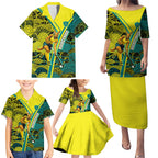 Custom Hockeyroos Kangaroo Field Hockey Family Matching Puletasi and Hawaiian Shirt Aboriginal Pattern Green Gold Dynamic Athlete Design
