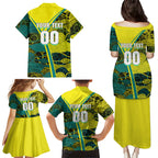 Custom Hockeyroos Kangaroo Field Hockey Family Matching Puletasi and Hawaiian Shirt Aboriginal Pattern Green Gold Dynamic Athlete Design