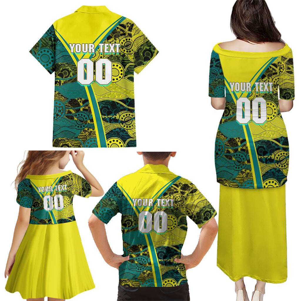 Custom Hockeyroos Kangaroo Field Hockey Family Matching Puletasi and Hawaiian Shirt Aboriginal Pattern Green Gold Dynamic Athlete Design