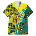 Custom Hockeyroos Kangaroo Field Hockey Family Matching Puletasi and Hawaiian Shirt Aboriginal Pattern Green Gold Dynamic Athlete Design