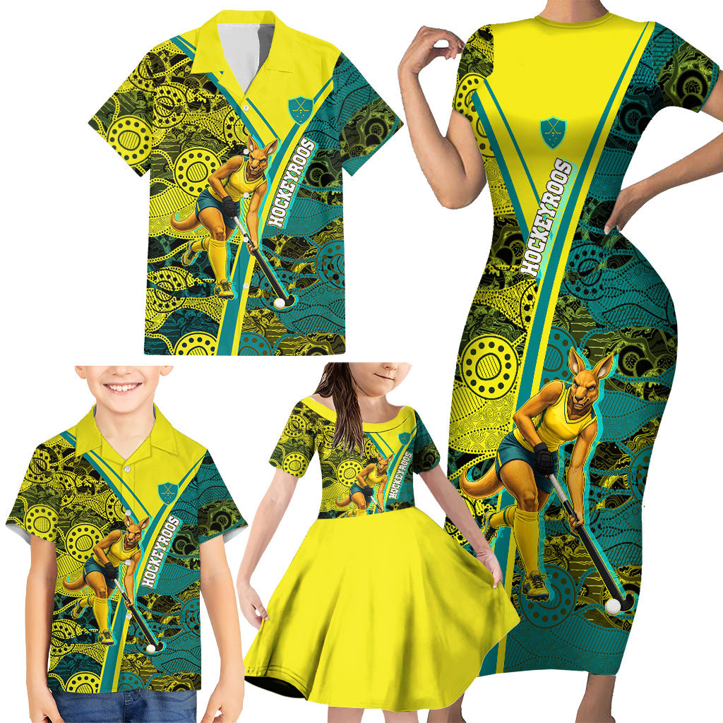 Custom Hockeyroos Kangaroo Field Hockey Family Matching Short Sleeve Bodycon Dress and Hawaiian Shirt Aboriginal Pattern Green Gold Dynamic Athlete Design