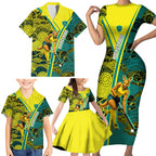 Custom Hockeyroos Kangaroo Field Hockey Family Matching Short Sleeve Bodycon Dress and Hawaiian Shirt Aboriginal Pattern Green Gold Dynamic Athlete Design