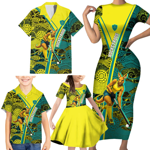 Custom Hockeyroos Kangaroo Field Hockey Family Matching Short Sleeve Bodycon Dress and Hawaiian Shirt Aboriginal Pattern Green Gold Dynamic Athlete Design