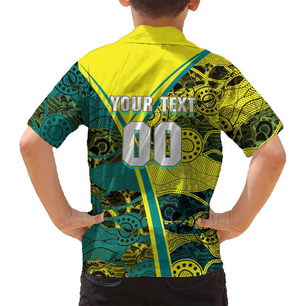 Custom Hockeyroos Kangaroo Field Hockey Family Matching Short Sleeve Bodycon Dress and Hawaiian Shirt Aboriginal Pattern Green Gold Dynamic Athlete Design