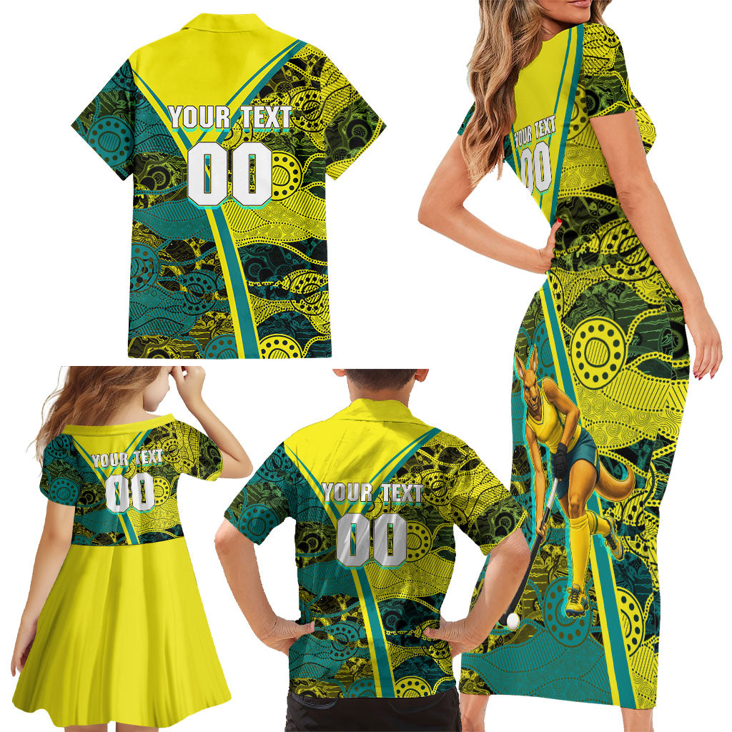 Custom Hockeyroos Kangaroo Field Hockey Family Matching Short Sleeve Bodycon Dress and Hawaiian Shirt Aboriginal Pattern Green Gold Dynamic Athlete Design