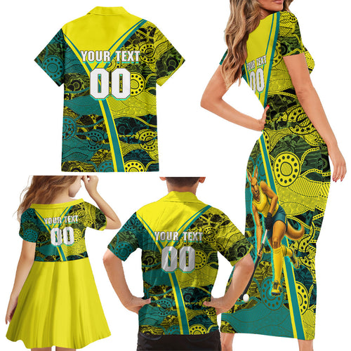 Custom Hockeyroos Kangaroo Field Hockey Family Matching Short Sleeve Bodycon Dress and Hawaiian Shirt Aboriginal Pattern Green Gold Dynamic Athlete Design