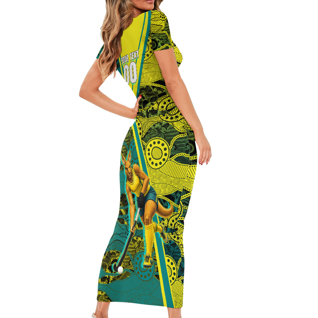 Custom Hockeyroos Kangaroo Field Hockey Family Matching Short Sleeve Bodycon Dress and Hawaiian Shirt Aboriginal Pattern Green Gold Dynamic Athlete Design
