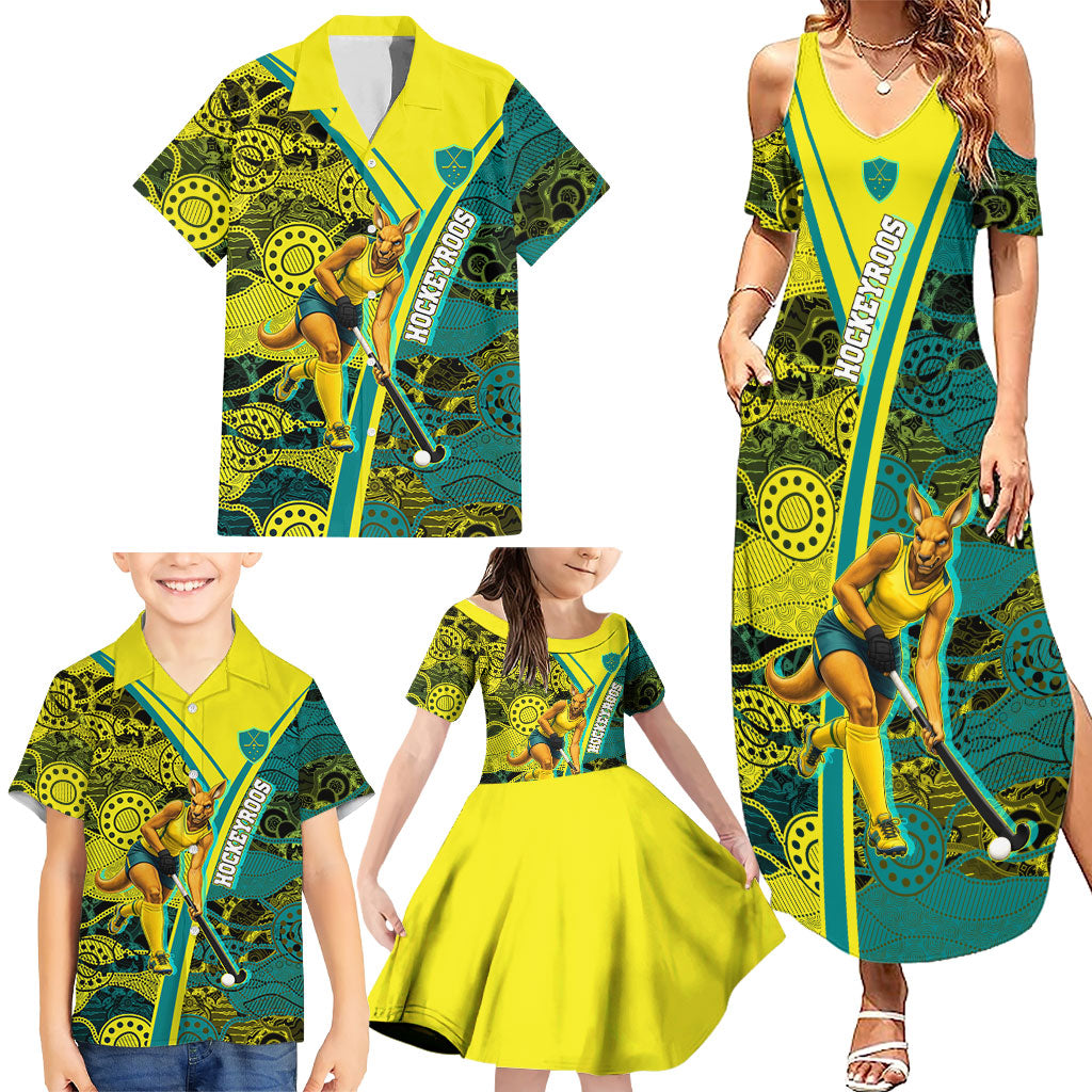 Custom Hockeyroos Kangaroo Field Hockey Family Matching Summer Maxi Dress and Hawaiian Shirt Aboriginal Pattern Green Gold Dynamic Athlete Design