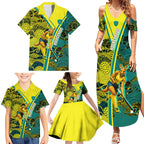 Custom Hockeyroos Kangaroo Field Hockey Family Matching Summer Maxi Dress and Hawaiian Shirt Aboriginal Pattern Green Gold Dynamic Athlete Design