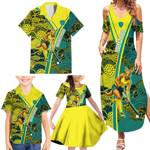 Custom Hockeyroos Kangaroo Field Hockey Family Matching Summer Maxi Dress and Hawaiian Shirt Aboriginal Pattern Green Gold Dynamic Athlete Design