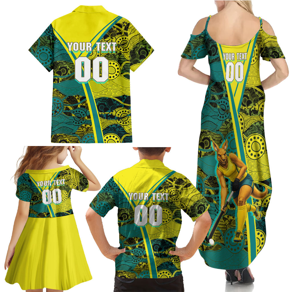 Custom Hockeyroos Kangaroo Field Hockey Family Matching Summer Maxi Dress and Hawaiian Shirt Aboriginal Pattern Green Gold Dynamic Athlete Design