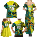 Custom Hockeyroos Kangaroo Field Hockey Family Matching Summer Maxi Dress and Hawaiian Shirt Aboriginal Pattern Green Gold Dynamic Athlete Design
