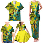 Custom Hockeyroos Kangaroo Field Hockey Family Matching Tank Maxi Dress and Hawaiian Shirt Aboriginal Pattern Green Gold Dynamic Athlete Design